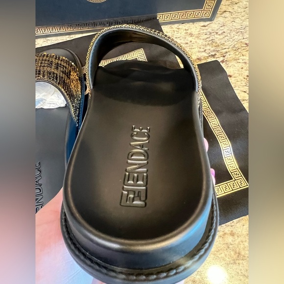 FENDACE Fendi x Versace Collab Gold Metal Mesh Black Pool Slides Rubber EU 40 main image 12